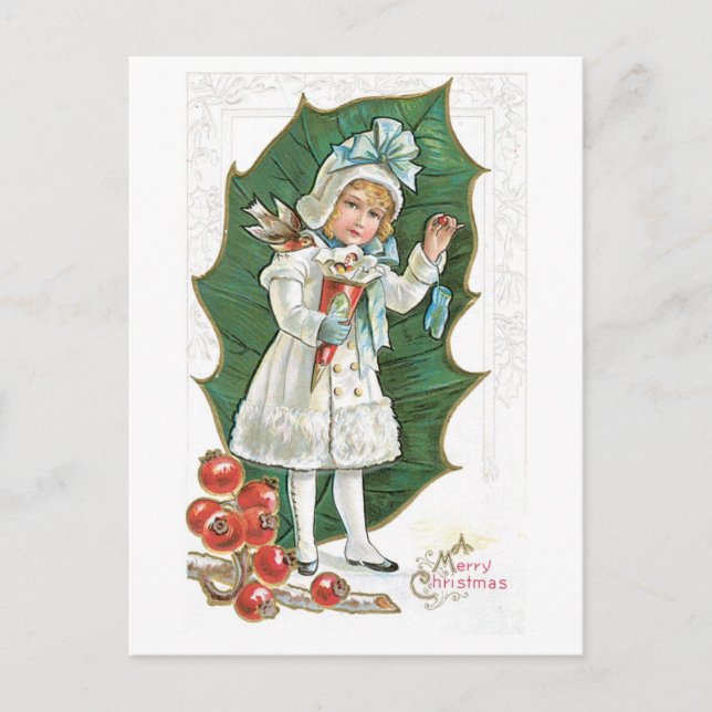 Old-fashioned Christmas, Girl Holiday Postcard (Front)