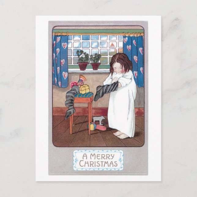 Old-fashioned Christmas, Girl Holiday Postcard (Front)