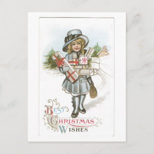 Old-fashioned Christmas, Girl Holiday Postcard