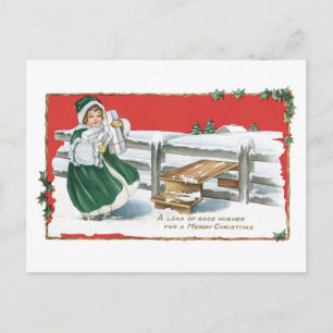 Old-fashioned Christmas, Girl Holiday Postcard
