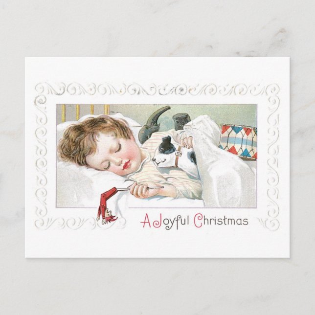 Old-fashioned Christmas, Girl sleeping with Puppy Holiday Postcard (Front)