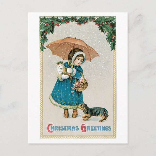 Old-fashioned Christmas, Girl with Cat and Dog Holiday Postcard (Front)