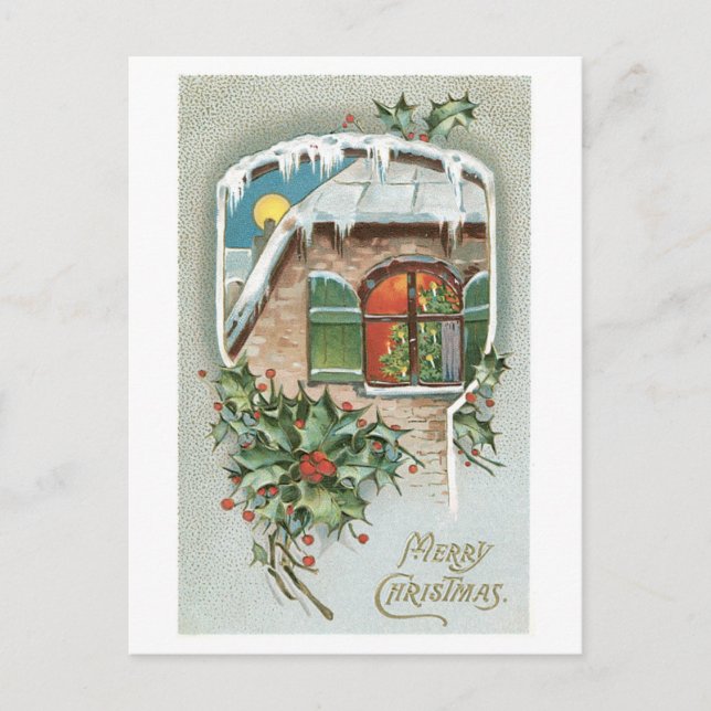 Old-fashioned Christmas, Holly Holiday Postcard (Front)