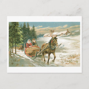 Old-fashioned Christmas, Horse sled Holiday Postcard