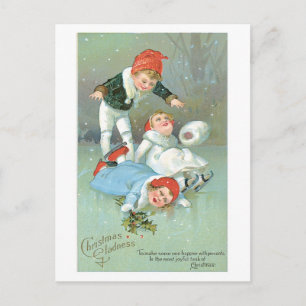 Old-fashioned Christmas, Ice skating Holiday Postcard