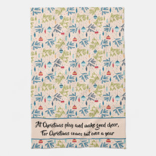 Old Fashioned Christmas Ornaments Hanging on Trees Kitchen Towel