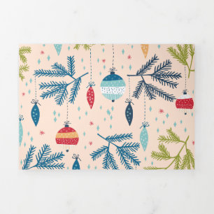 Old Fashioned Christmas Ornaments Hanging on Trees Tri-Fold Holiday Card