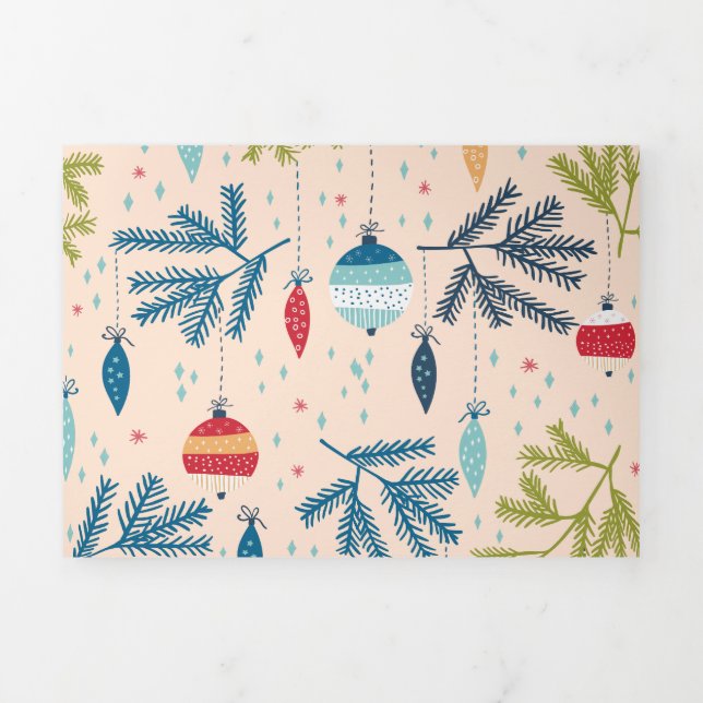Old Fashioned Christmas Ornaments Hanging on Trees Tri-Fold Holiday Card (Cover)