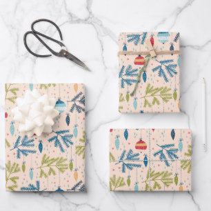 Old Fashioned Christmas Ornaments Hanging on Trees Wrapping Paper Sheet