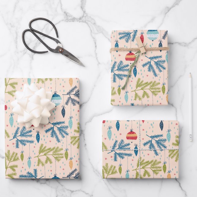 Old Fashioned Christmas Ornaments Hanging on Trees Wrapping Paper Sheet (Front)