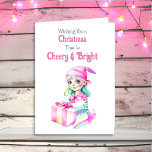Old-Fashioned Christmas Pink Elf Cheery and Bright Holiday Card<br><div class="desc">A pretty Christmas card with a cute female elf in pink with a vintage vibe. Retro feeling old-fashioned Christmas.</div>