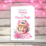 Old-Fashioned Christmas Pink Elf Cheery and Bright Holiday Card<br><div class="desc">A pretty Christmas card with a cute little girl in pink with a vintage vibe. Retro feeling old-fashioned Christmas.</div>