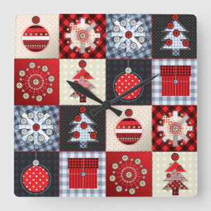 Old Fashioned Christmas Quilt Square Wall Clock