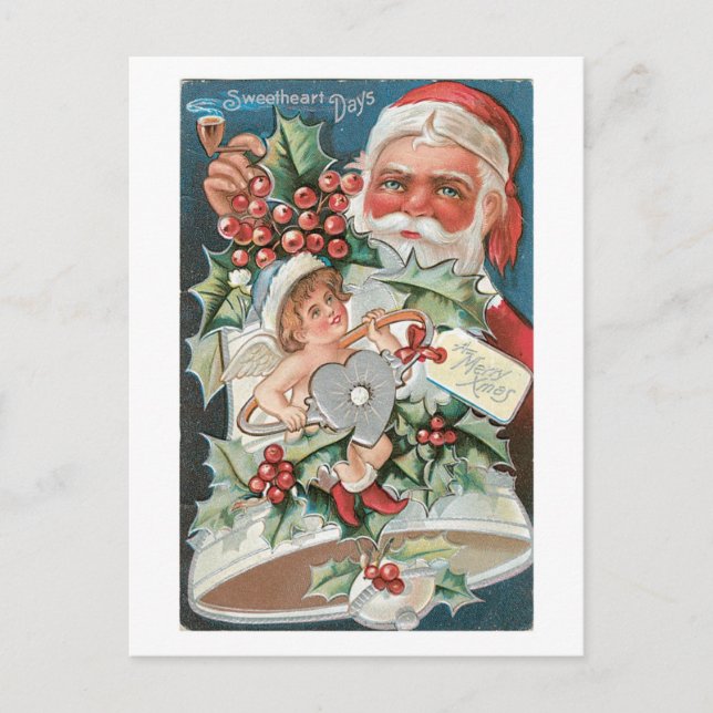 Old-fashioned Christmas, Santa & Angel Holiday Postcard (Front)