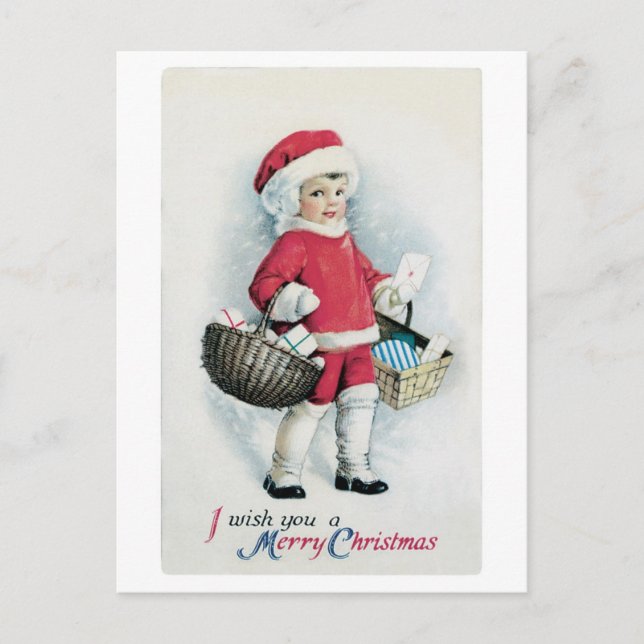 Old-fashioned Christmas, Santa girl Holiday Postcard (Front)