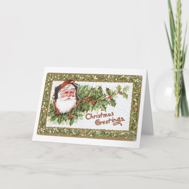 Old-fashioned Christmas, Santa, Holly Holiday Card (Front)