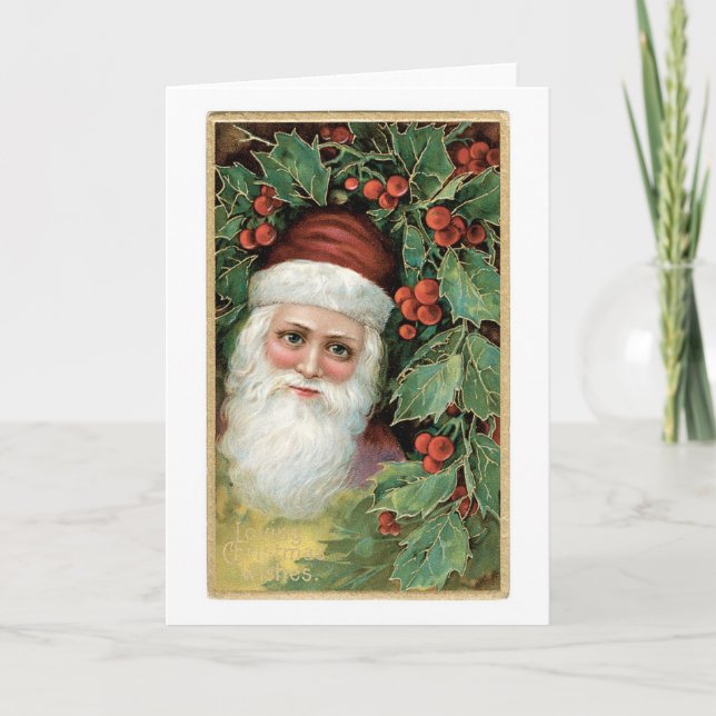 Old-fashioned Christmas, Santa, Holly Holiday Card (Front)