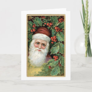 Old-fashioned Christmas, Santa, Holly Holiday Card