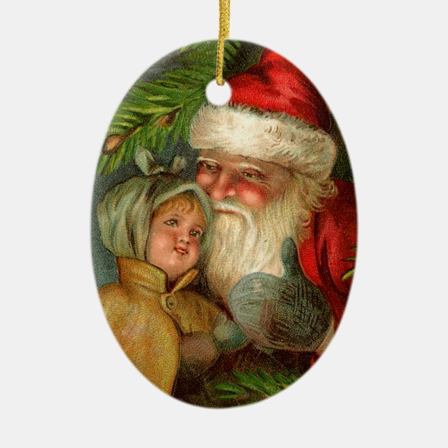 Old-fashioned Christmas, Santa with Child Ceramic Ornament (Front)