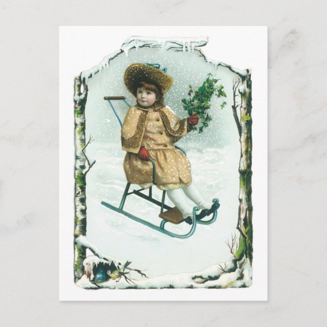 Old-fashioned Christmas, Sled Holiday Postcard (Front)