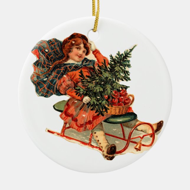Old-fashioned Christmas, Sledding Ceramic Ornament (Front)
