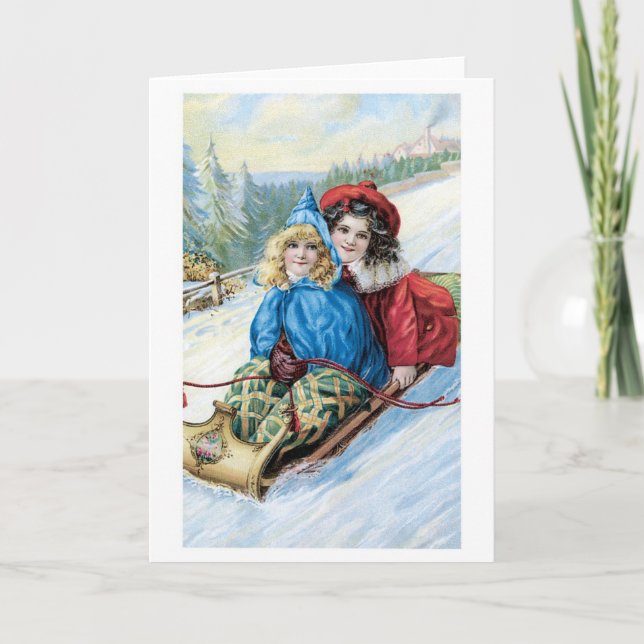 Old-fashioned Christmas, Sledding Holiday Card (Front)