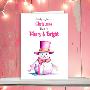 Old-Fashioned Christmas Snowman Pink Holiday Card