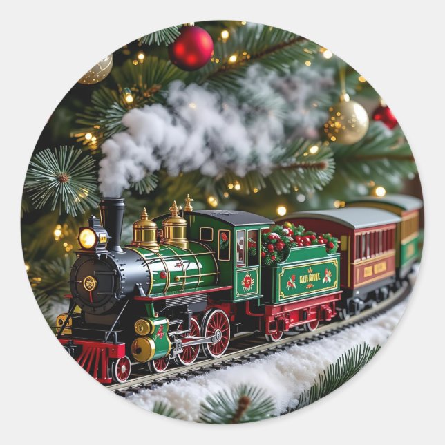 Old-Fashioned Christmas Train under the Tree Classic Round Sticker (Front)
