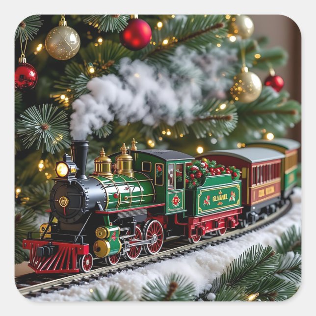 Old-Fashioned Christmas Train under the Tree Square Sticker (Front)