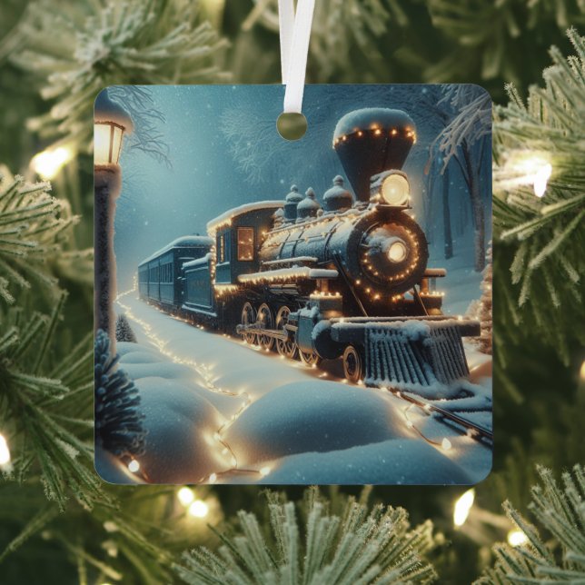 Old-Fashioned Christmas Train Winter Wonderland Metal Ornament (Insitu)