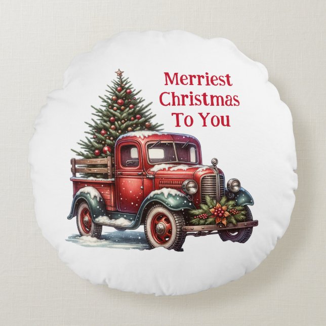  Old-Fashioned Christmas Vintage Red Truck Round Pillow (Front)
