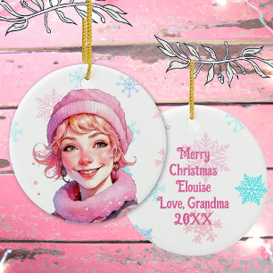 Old-Fashioned Christmas Woman in Pink  Ceramic Ornament