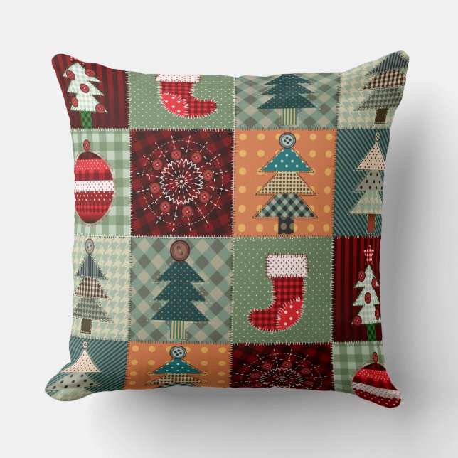 Old Fashioned Country Christmas Patchwork Throw Pillow (Front)