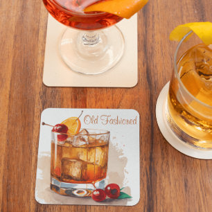 Old Fashioned Drink With Cherries and Orange Square Paper Coaster
