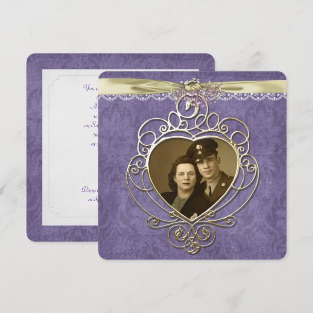 Old-fashioned gold heart frame invitation (Front/Back)