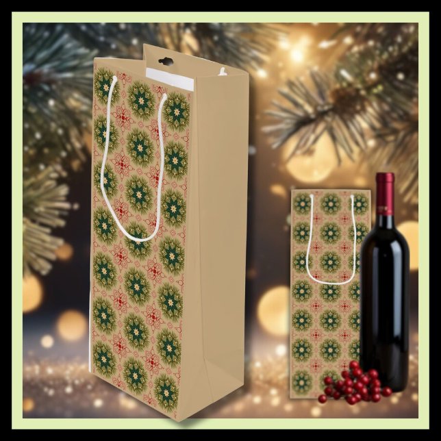 Old-fashioned Green Pine Red Lace Christmas  Wine Gift Bag (Creator Uploaded)