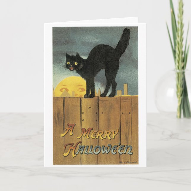 Old-fashioned Halloween, Black cat & Full moon Card (Front)