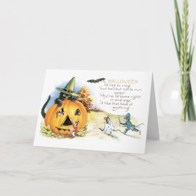 Old-fashioned Halloween, Black cat & Mice Card (Front)