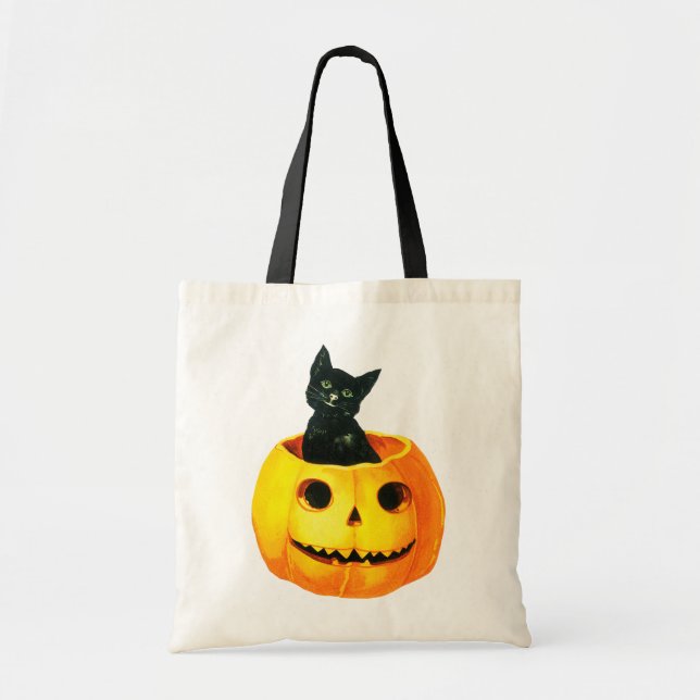 Old-fashioned Halloween, Black cat on Pumpkin Tote Bag (Front)