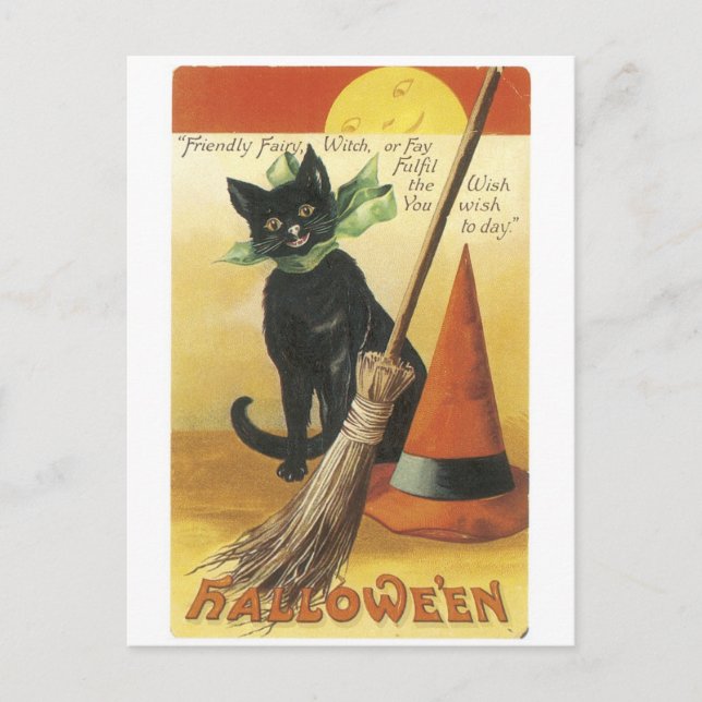 Old-fashioned Halloween, Black cat Postcard (Front)
