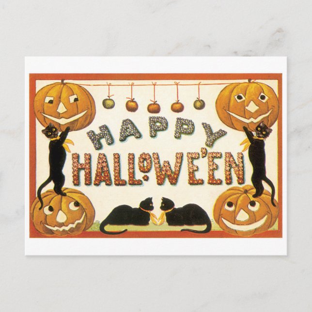 Old-fashioned Halloween, Black cats Postcard (Front)