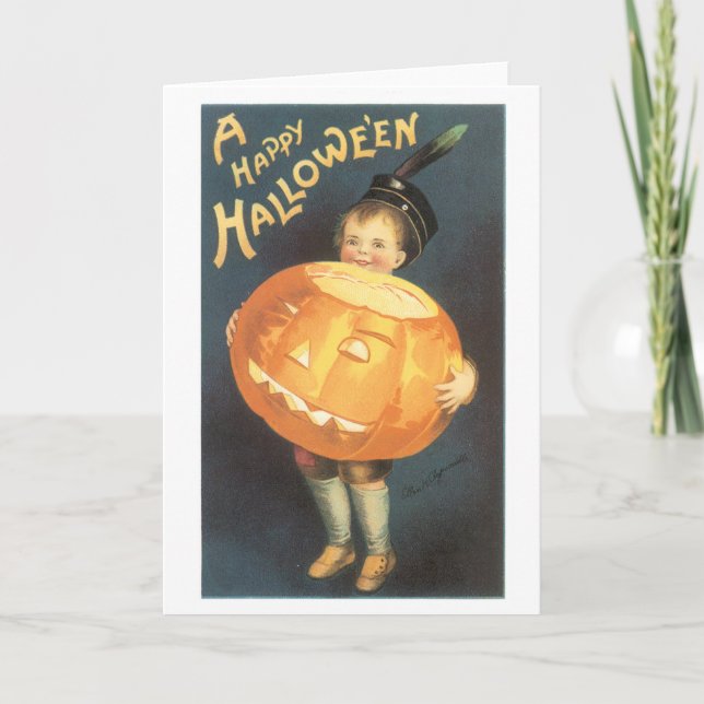 Old-fashioned Halloween, Boy holding Pumpkin Card (Front)