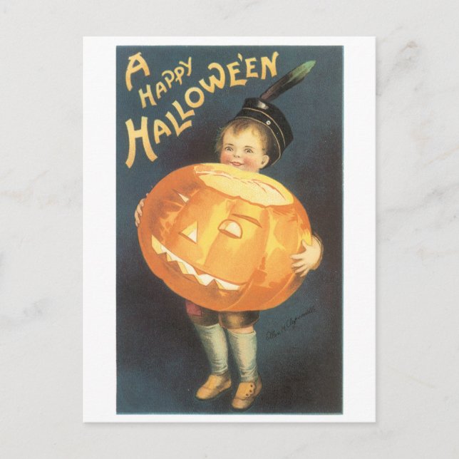 Old-fashioned Halloween, Boy holding Pumpkin Postcard (Front)