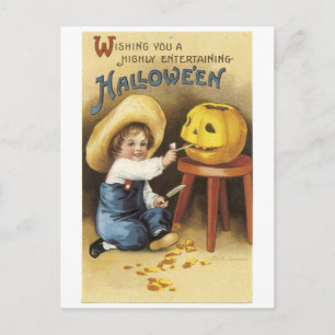 Old-fashioned Halloween, Boy makes Jack-o'-lantern Postcard