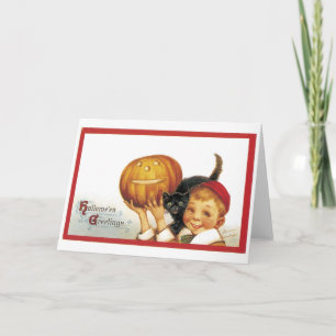 Old-fashioned Halloween, Boy with Black cat Card