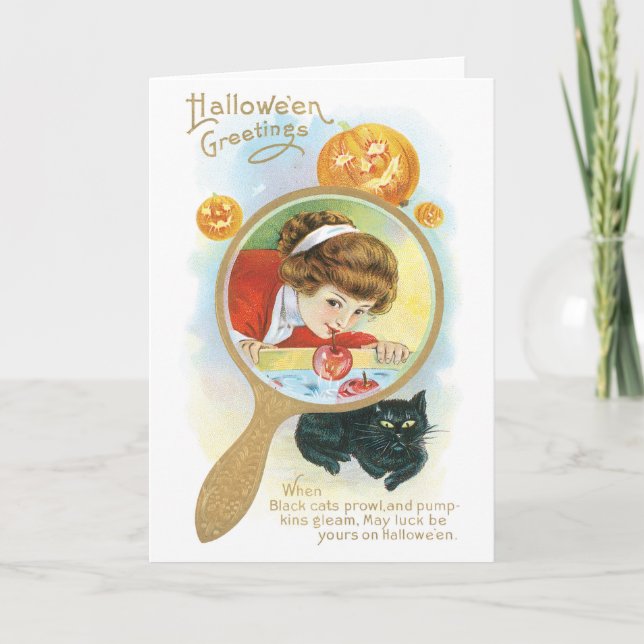 Old-fashioned Halloween, Girl & Black cat Card (Front)