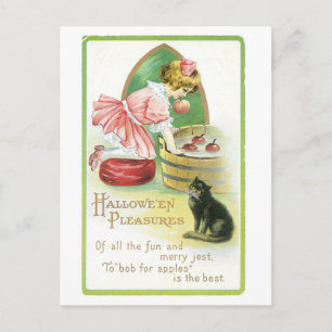 Old-fashioned Halloween, Girl & Black cat Postcard