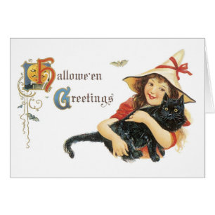 Old-fashioned Halloween, Girl with Black cat