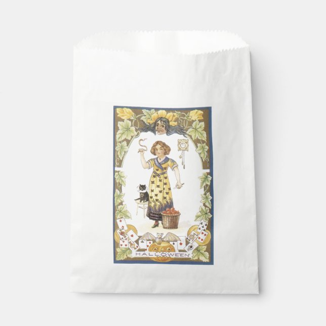 Old-fashioned Halloween, Girl with Black cat Favour Bag (Front)