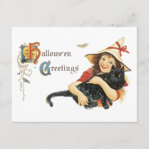 Old-fashioned Halloween, Girl with Black cat Postcard